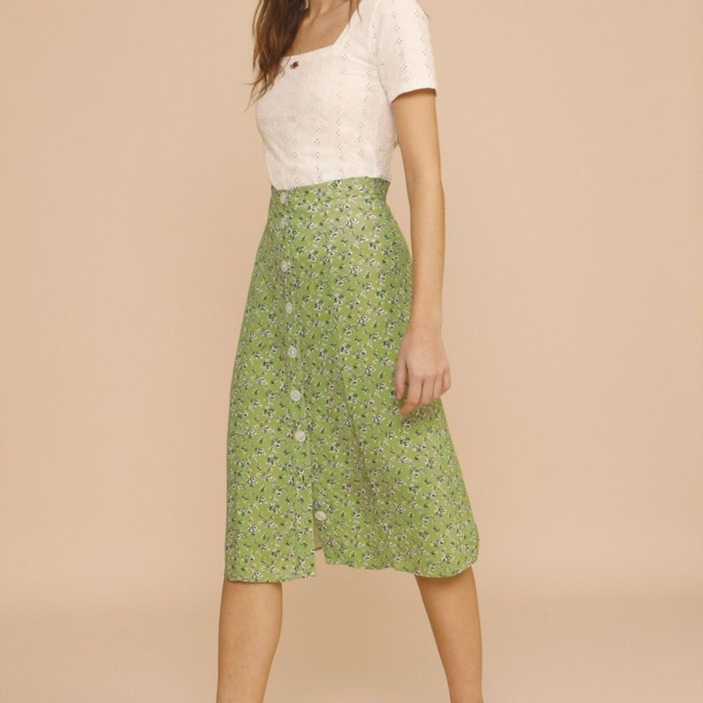 Rouje Eliot Green A-line Midi Skirt with Buttons